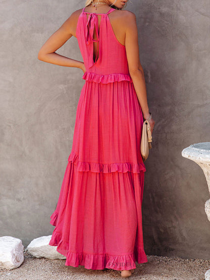 Dresses- Vacation Solid A-Line Tiered Ruffle Halter Maxi Dress- - Pekosa Women Clothing