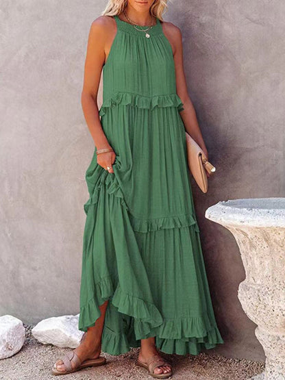 Dresses- Vacation Solid A-Line Tiered Ruffle Halter Maxi Dress- Green- Pekosa Women Clothing