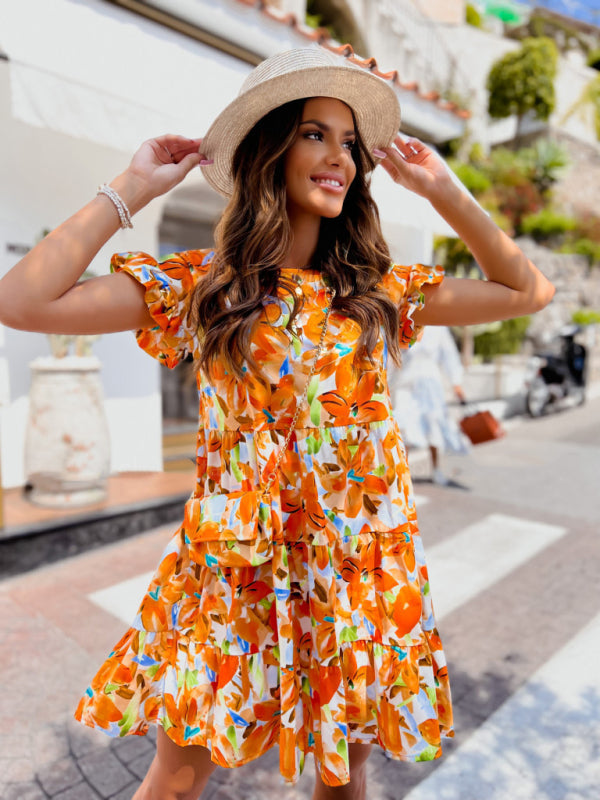 Dresses- Women's Floral Tiered Ruffle Dress - Perfect For All Occasions!- Yellow- Pekosa Women Clothing