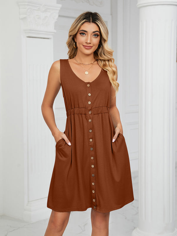 Dresses- Women's Sleeveless Buttoned Pocket Round Neck Dress- caramel- Pekosa Women Clothing