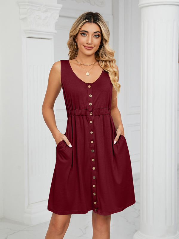 Dresses- Women's Sleeveless Buttoned Pocket Round Neck Dress- Wine Red- Pekosa Women Clothing