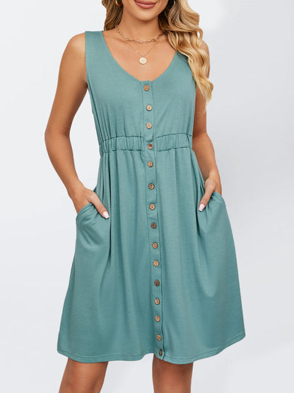 Dresses- Women's Sleeveless Buttoned Pocket Round Neck Dress- Green turquoise- Pekosa Women Clothing