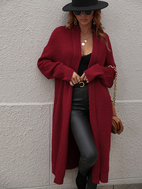 Duster Cardigans- Knitting Shawl Lapel Open Front Duster Cardigan- Wine Red- Pekosa Women Clothing