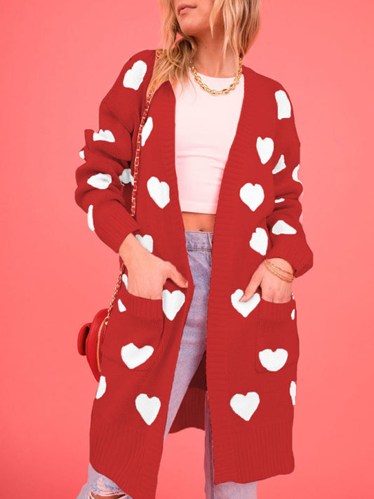 Duster Cardigans- Valentine's Day Knitted Duster Cardigan with Side Pockets- Red- Pekosa Women Clothing