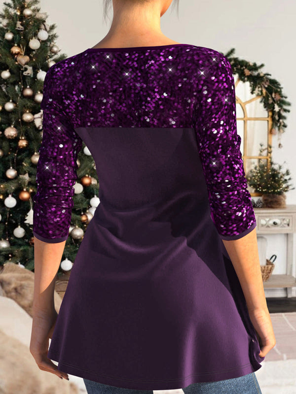 Elegant Blouses- Night Glam Sparkly Patchwork Peplum Top with Sleeves- - Pekosa Women Clothing