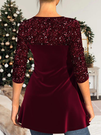 Elegant Blouses- Night Glam Sparkly Patchwork Peplum Top with Sleeves- - Pekosa Women Clothing