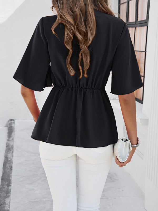 Elegant Blouses- Surplice V-Neck Blouse - Women's Elegant Gathered Knot Waist A-Line Top- - Chuzko Women Clothing