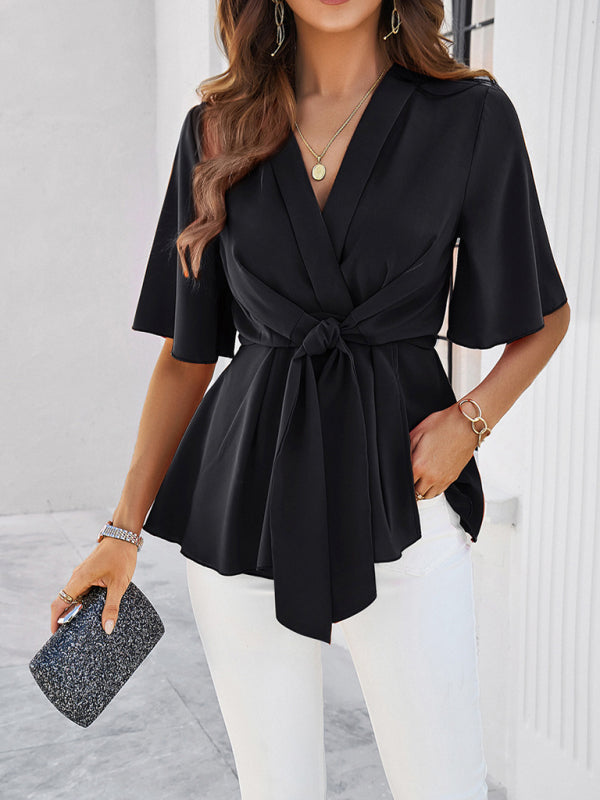 Elegant Blouses- Surplice V-Neck Blouse - Women's Elegant Gathered Knot Waist A-Line Top- - Chuzko Women Clothing