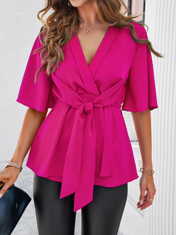 Elegant Blouses- Surplice V-Neck Blouse - Women's Elegant Gathered Knot Waist A-Line Top- - Chuzko Women Clothing