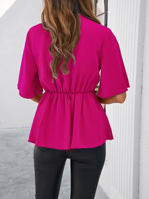 Elegant Blouses- Surplice V-Neck Blouse - Women's Elegant Gathered Knot Waist A-Line Top- - Chuzko Women Clothing