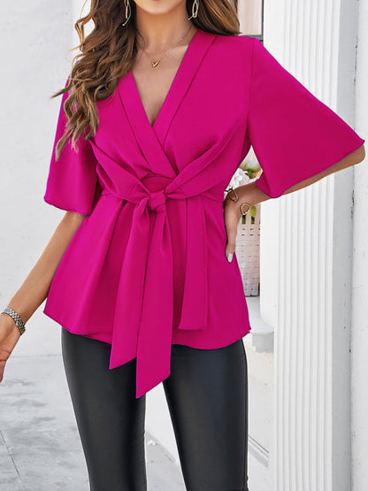 Elegant Blouses- Surplice V-Neck Blouse - Women's Elegant Gathered Knot Waist A-Line Top- - Chuzko Women Clothing