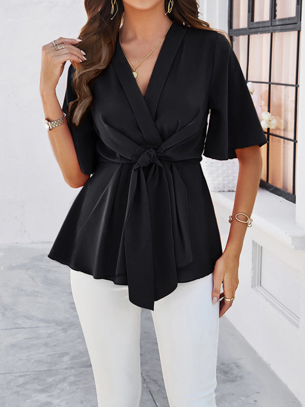 Elegant Blouses- Surplice V-Neck Blouse - Women's Elegant Gathered Knot Waist A-Line Top- Black- Chuzko Women Clothing