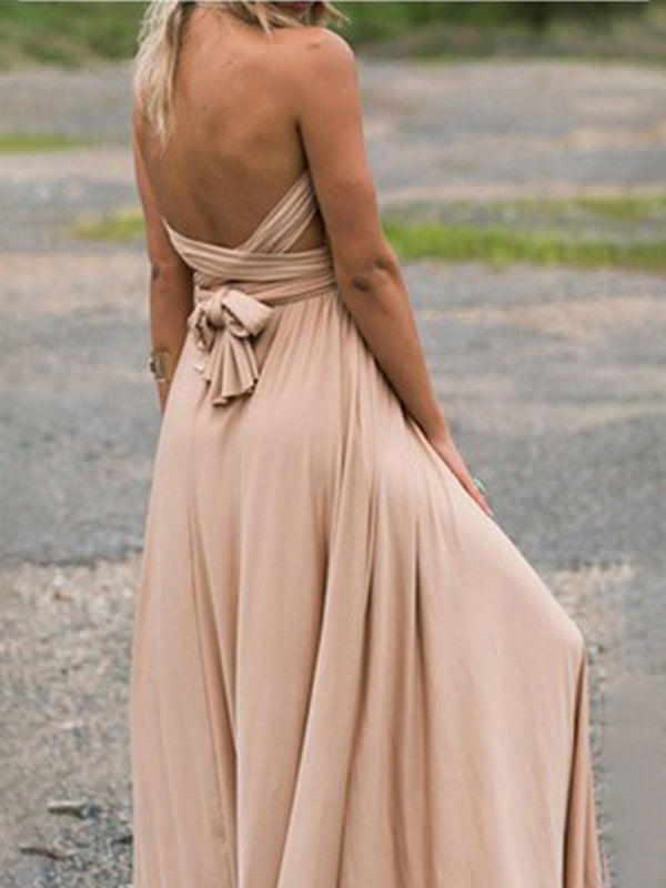 Elegant Dresses- Adaptive Elegance Backless Maxi Midi Dress with Versatile Design Straps- Khaki- Pekosa Women Clothing