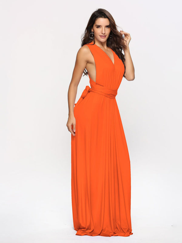 Elegant Dresses- Adaptive Elegance Backless Maxi Midi Dress with Versatile Design Straps- Orange- Pekosa Women Clothing