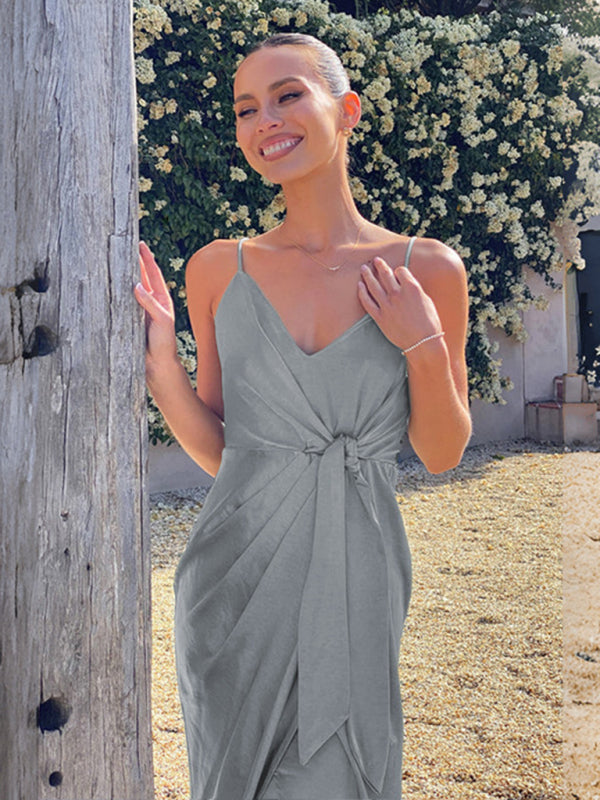 Elegant Dresses- Classy Sleeveless Wrap Satin Cami Dress with Front Bownot- Grey- Pekosa Women Clothing