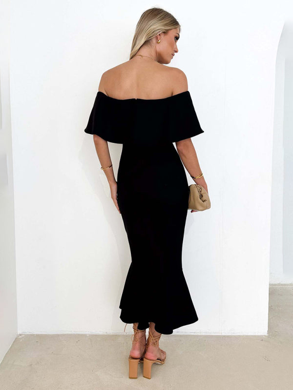 Elegant Dresses- Cocktail Couture Solid Off-Shoulder Mermaid Midi Dress- - Pekosa Women Clothing