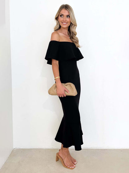 Elegant Dresses- Cocktail Couture Solid Off-Shoulder Mermaid Midi Dress- - Pekosa Women Clothing