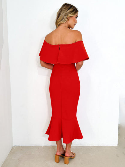 Elegant Dresses- Cocktail Couture Solid Off-Shoulder Mermaid Midi Dress- - Pekosa Women Clothing