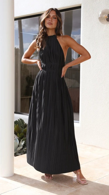 Elegant Dresses- Cocktail Plisse Backless Smocked Waist Halter Maxi Dress- Black- Pekosa Women Clothing