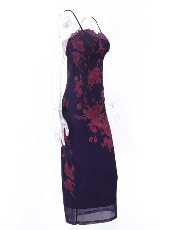 Elegant Dresses- Cocktail Purple Floral Mesh Underwire Bodycon Long Dress- - Pekosa Women Clothing