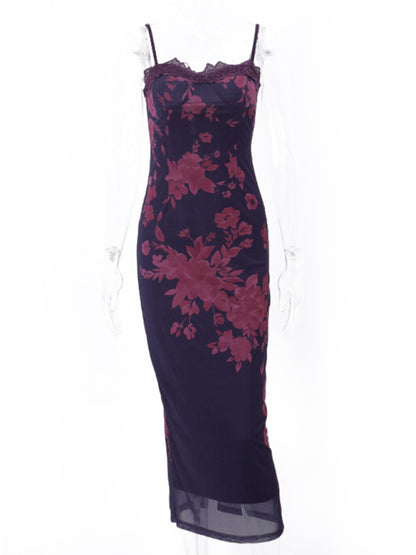 Elegant Dresses- Cocktail Purple Floral Mesh Underwire Bodycon Long Dress- - Pekosa Women Clothing