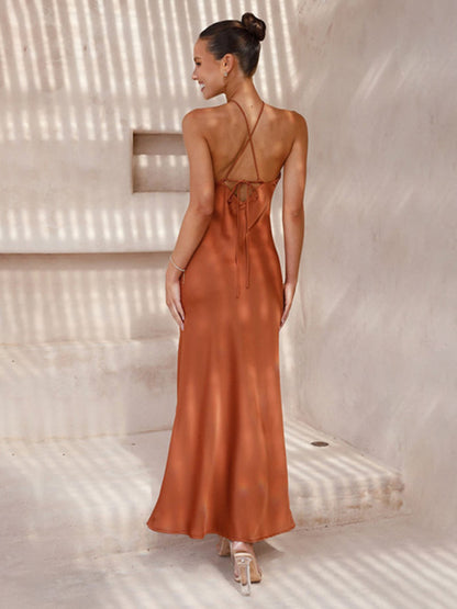 Elegant Dresses- Elegant Backless Satin Halterneck Slip Maxi Dress- - Pekosa Women Clothing