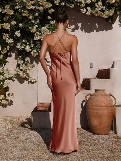 Elegant Dresses- Elegant Backless Satin Halterneck Slip Maxi Dress- - Pekosa Women Clothing