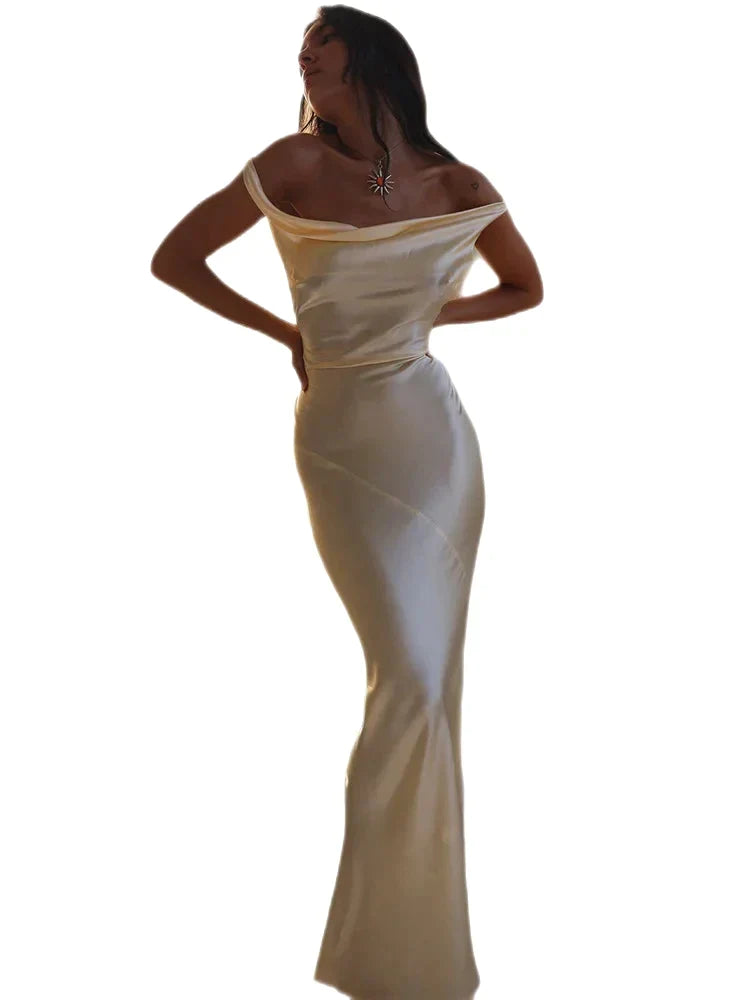 Elegant Dresses- Elegant Cowl Backless Mermaid Maxi Dress in Satin Finish- - Pekosa Women Fashion