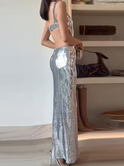 Elegant Dresses- Elegant Evening Sparkle Sequined Cutout Maxi Dress- - Pekosa Women Clothing