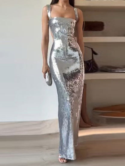 Elegant Dresses- Elegant Evening Sparkle Sequined Cutout Maxi Dress- Silver grey- Pekosa Women Clothing