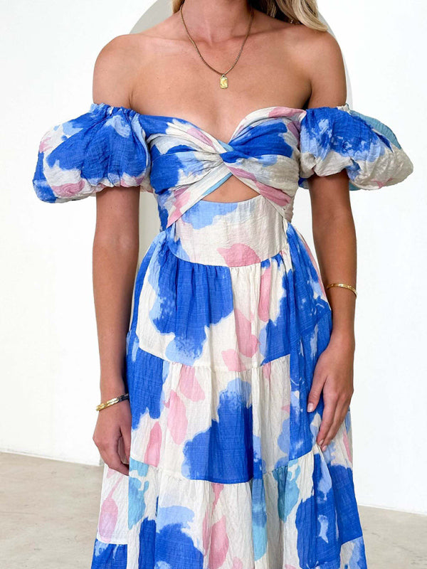 Elegant Dresses- Elegant Floral A-Line Off-Shoulder Midi Dress with Puff Sleeves- - Pekosa Women Clothing
