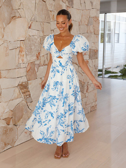 Elegant Dresses- Elegant Floral A-Line Off-Shoulder Midi Dress with Puff Sleeves- - Pekosa Women Clothing