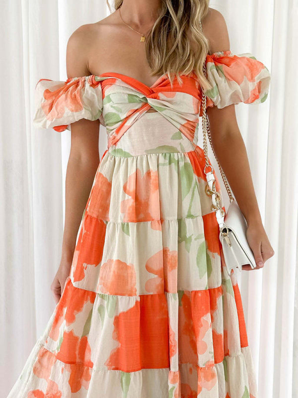 Elegant Dresses- Elegant Floral A-Line Off-Shoulder Midi Dress with Puff Sleeves- Orange- Pekosa Women Clothing
