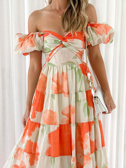 Elegant Dresses- Elegant Floral A-Line Off-Shoulder Midi Dress with Puff Sleeves- Orange- Pekosa Women Clothing