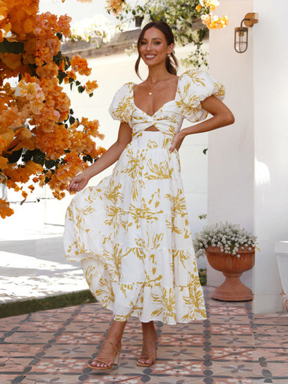 Elegant Dresses- Elegant Floral A-Line Off-Shoulder Midi Dress with Puff Sleeves- - Pekosa Women Clothing