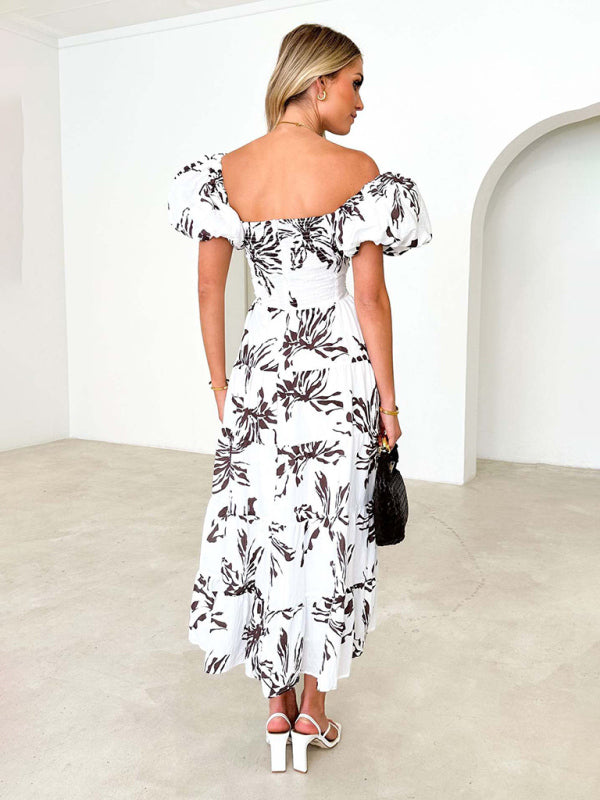 Elegant Dresses- Elegant Floral A-Line Off-Shoulder Midi Dress with Puff Sleeves- - Pekosa Women Clothing