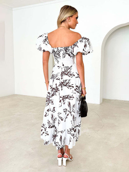 Elegant Dresses- Elegant Floral A-Line Off-Shoulder Midi Dress with Puff Sleeves- - Pekosa Women Clothing