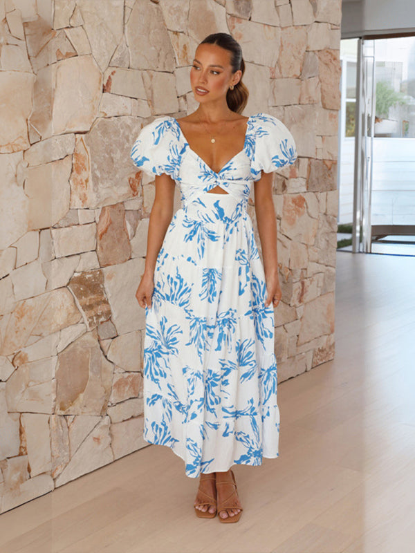 Elegant Dresses- Elegant Floral A-Line Off-Shoulder Midi Dress with Puff Sleeves- - Pekosa Women Clothing