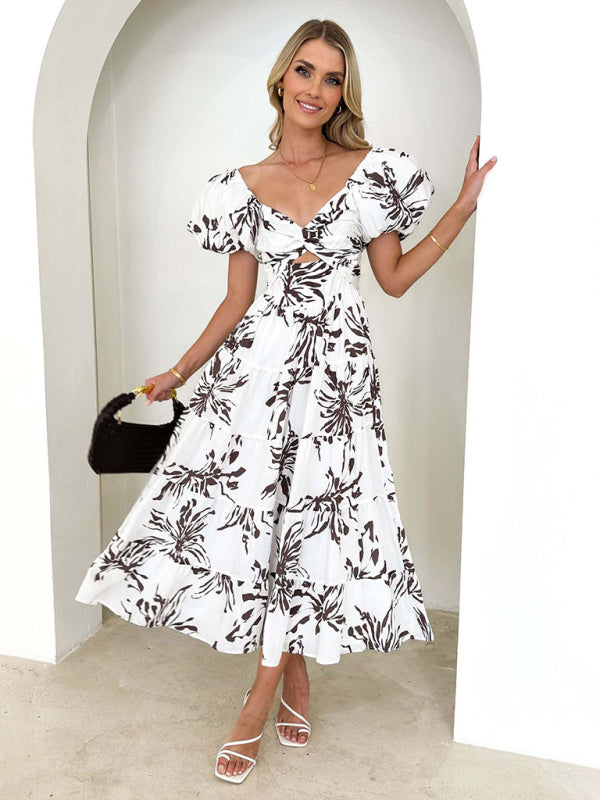 Elegant Dresses- Elegant Floral A-Line Off-Shoulder Midi Dress with Puff Sleeves- - Pekosa Women Clothing