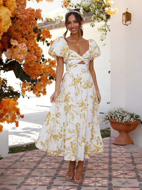 Elegant Dresses- Elegant Floral A-Line Off-Shoulder Midi Dress with Puff Sleeves- Yellow- Pekosa Women Clothing