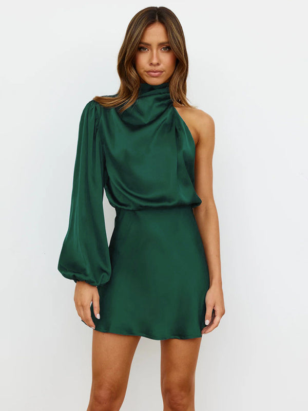 Elegant Dresses- Elegant One Shoulder Blouson Cowl Mini Dress in Satin- Deep green- Pekosa Women Clothing