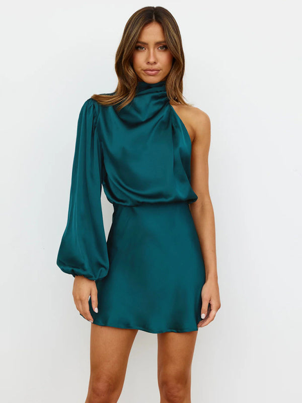 Elegant Dresses- Elegant One Shoulder Blouson Cowl Mini Dress in Satin- Acid blue- Pekosa Women Clothing