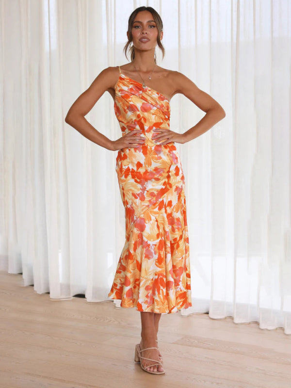 Elegant Dresses- Elegant One Shoulder Mermaid Midi Cocktail Dress- Orange- Pekosa Women Clothing