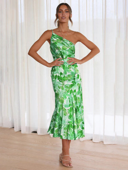 Elegant Dresses- Elegant One Shoulder Mermaid Midi Cocktail Dress- Green- Pekosa Women Clothing