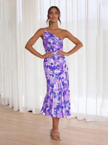 Elegant Dresses- Elegant One Shoulder Mermaid Midi Cocktail Dress- Purple- Pekosa Women Clothing