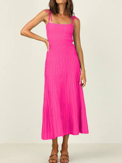 Elegant Dresses- Elegant Ribbed Knit A-Line Cami Midi Cocktail Dress- Rose- Pekosa Women Clothing