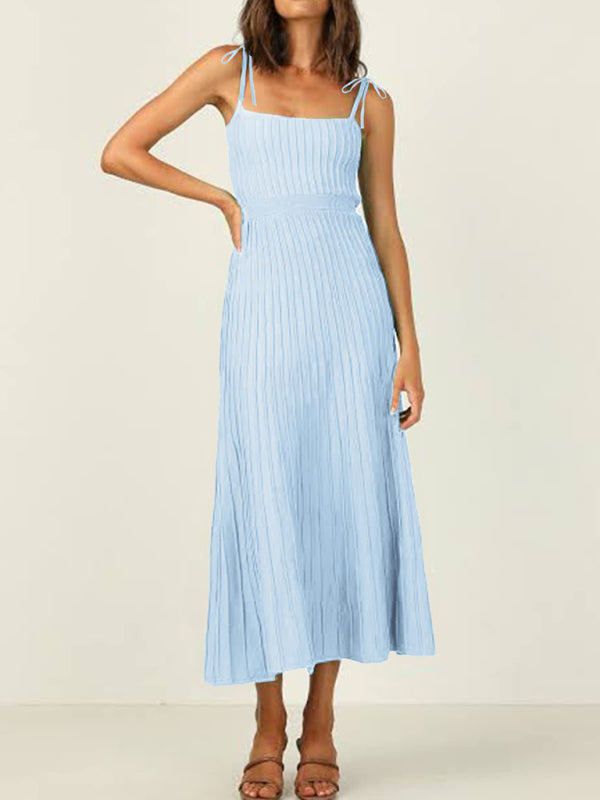 Elegant Dresses- Elegant Ribbed Knit A-Line Cami Midi Cocktail Dress- Clear blue- Pekosa Women Clothing