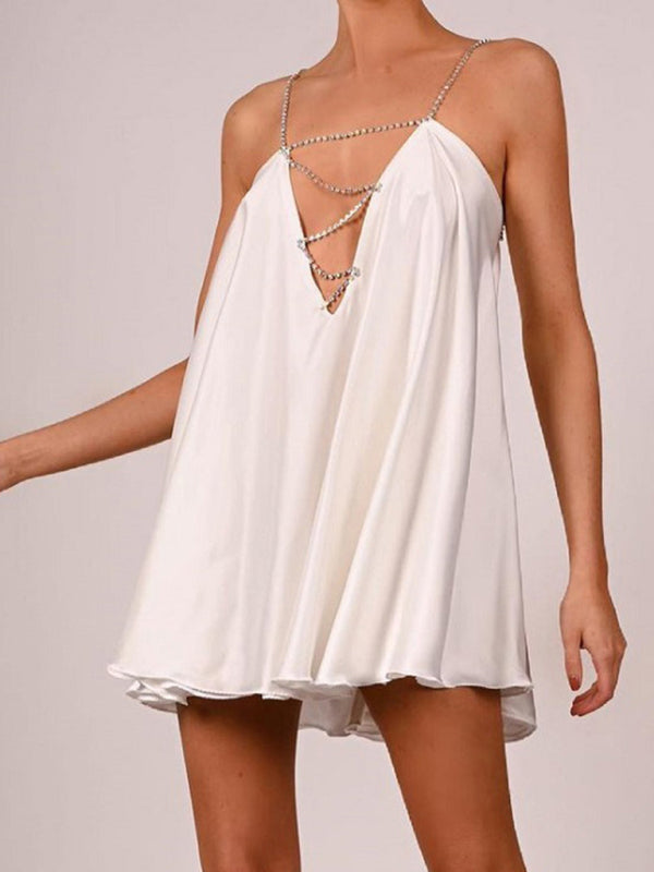 Elegant Dresses- Elegant Satin Diamonds Flowy Backless Plunge Slip Mini dress- White- Pekosa Women Clothing