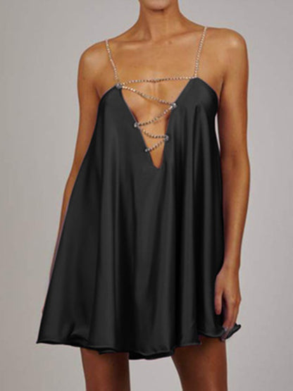 Elegant Dresses- Elegant Satin Diamonds Flowy Backless Plunge Slip Mini dress- Black- Pekosa Women Clothing