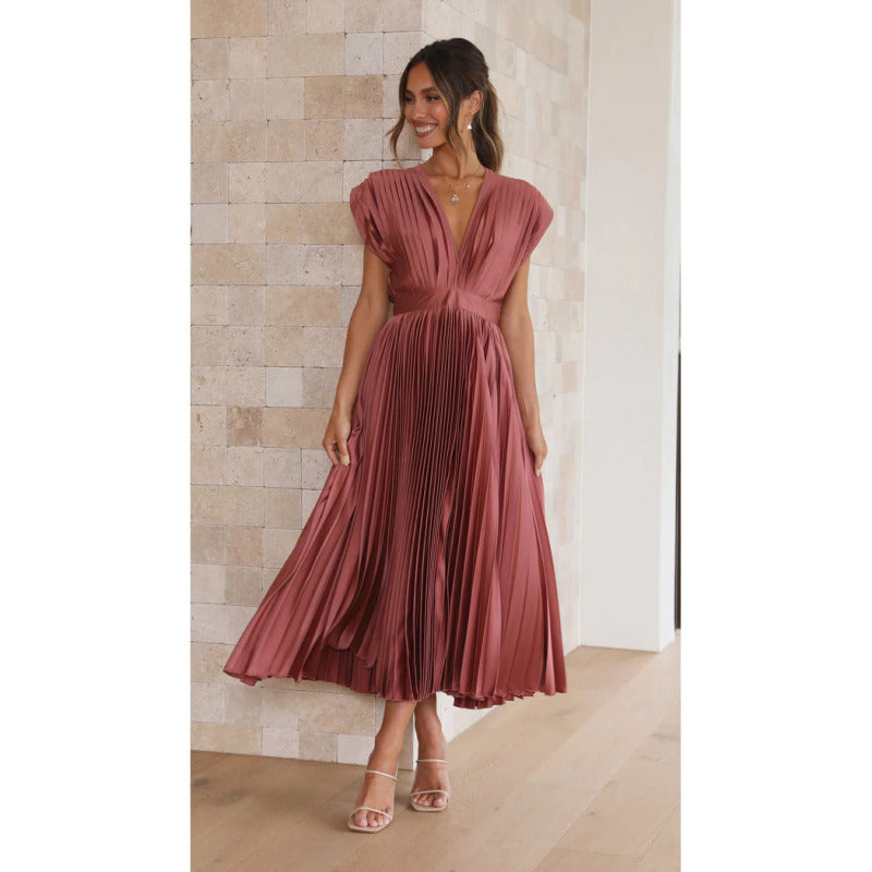 Elegant Dresses- Elegant Satin Pleated Tie-Back Plunge Midi Dress- Brick red- Pekosa Women Clothing